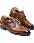 Brown leather buckle dress shoes with square-toe, wooden-look heel tab