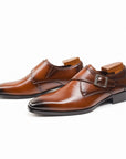 Brown leather buckle dress shoes, side view with square toe