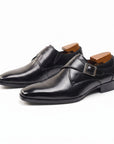 Black leather buckle dress shoes, glossy finish with square toe
