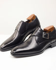 Black leather buckle dress shoes with square-toe and low heel