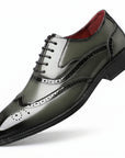 Men's leather wingtip brogue shoes, dark green and white colorblock, lace-up.