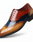 Men's leather wingtip brogue shoes, red blue tan colorblock, lace-up.