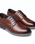 Brown leather derby dress shoes, round toe, lace-up styling with contrast panels
