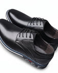 Black leather derby dress shoes, round toe lace-up, thick sole with light edge stitching