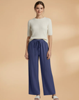 Women’s navy blue wide-leg linen trousers with elastic drawstring waist