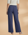 Women’s navy blue wide-leg linen trousers, front view, elastic drawstring waist