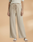 Women’s beige relaxed linen wide-leg trousers with elastic drawstring waist