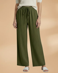 Women’s green relaxed linen wide-leg trousers with elastic drawstring waist