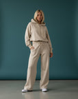 Beige relaxed-fit tracksuit: pullover hoodie with drawstrings and wide-leg drawstring pants