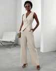 Women’s beige sleeveless co ord set with wrap-style waistcoat and wide-leg trousers