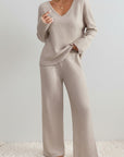 Light beige ribbed knit V-neck top and wide-leg trousers loungewear set