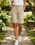 Women’s linen bermuda shorts, beige drawstring waist, relaxed breathable fit