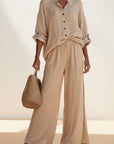 Beige button-front blouse and wide-leg trousers set, three-quarter sleeves