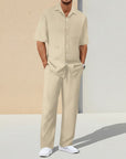 Khaki striped short-sleeve cardigan and matching trousers set