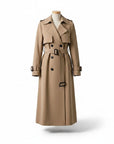 Beige long trench coat with belted waist, shoulder epaulets, and double-breasted buttons.