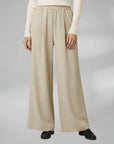 Wide-leg trousers with elastic waist, light beige, pleated front
