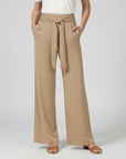 Beige relaxed wide-leg trousers with tie waist and draped front.