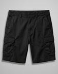 Men's black cargo shorts with flat front and multiple cargo pockets