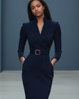 Women's cocktail dress, V-neck, long sleeves, fitted with waist belt, dark navy