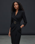 Women's cocktail dress, V-neck, long sleeves, fitted with waist belt, black