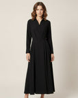 Black midi shirt dress with long sleeves, button front, and fitted waist