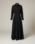 Black midi shirt dress with three-quarter sleeves, button front, and waist tie