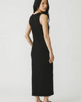 Black sleeveless ribbed knit midi dress, round crew back, slim fit.