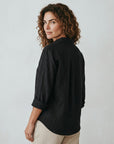Black linen-cotton blend button-up shirt, back view, three-quarter sleeves