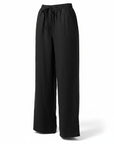 Black wide-leg linen pants with elastic waist and drawstring ties, relaxed straight legs.