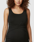 Black scoop-neck sleeveless maternity dress with wrap-style draped waistband