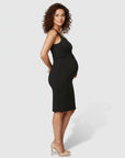 Black sleeveless scoop-neck maternity bodycon midi dress with draped waist detail