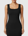 Black sleeveless scoop-neck maternity bodycon midi dress with smooth fitted front