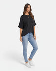 Women's cotton T-shirt, black, crew neck, short sleeves, loose drape
