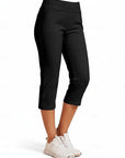 Black capri pants with smooth pull-on waistband and cropped tapered legs