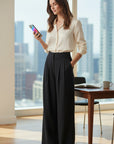 Black linen-blend wide-leg trousers, high-waist with pleated front and wide legs