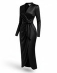 Black satin midi wrap dress with V-neck, long sleeves, tied waist bow and slit.
