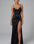 Black satin maxi dress with spaghetti straps and high leg slit