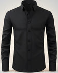Men's slim-fit stretch dress shirt, dark button-front long sleeves, pointed collar.