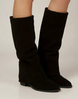 Black knee-high chunky heel boots, suede-look, close-up pair with flat sole