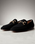 Black suede loafers with horsebit detail, almond toe slip-on shoes