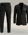 Black tailored suit set with straight-leg trousers and single-breasted blazer