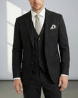 Black three-piece suit set with tailored jacket, waistcoat, and matching trousers