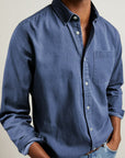 Men's slim fit long sleeve button-up shirt, solid denim-blue with chest pocket