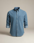 Men's slim fit long sleeve button-up shirt, solid light denim-blue with chest pocket