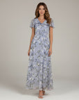 Lavender floral chiffon midi dress with V-neck and short flutter sleeves