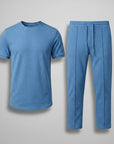 Blue crew-neck t-shirt and matching jogger pants set, laid flat