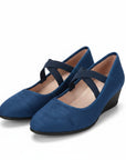 Blue wedge ballet flats with ankle strap and cross straps, closed toe.