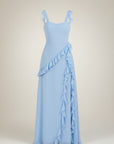 Light blue maxi dress with ruffled skirt tiers and thin spaghetti straps