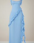 Light blue maxi dress with draped side ruffles and bow tie shoulder straps