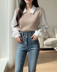 Beige V-neck knit blouse with white collar and long sleeves